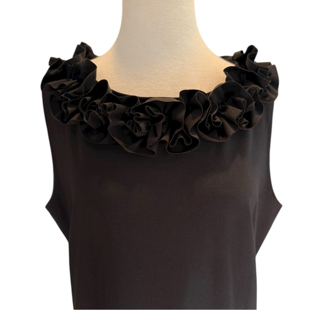 Katherine Way Black Rose Ruffled Neck Sleeveless Stretch Performance LBD Large - Picture 4 of 9